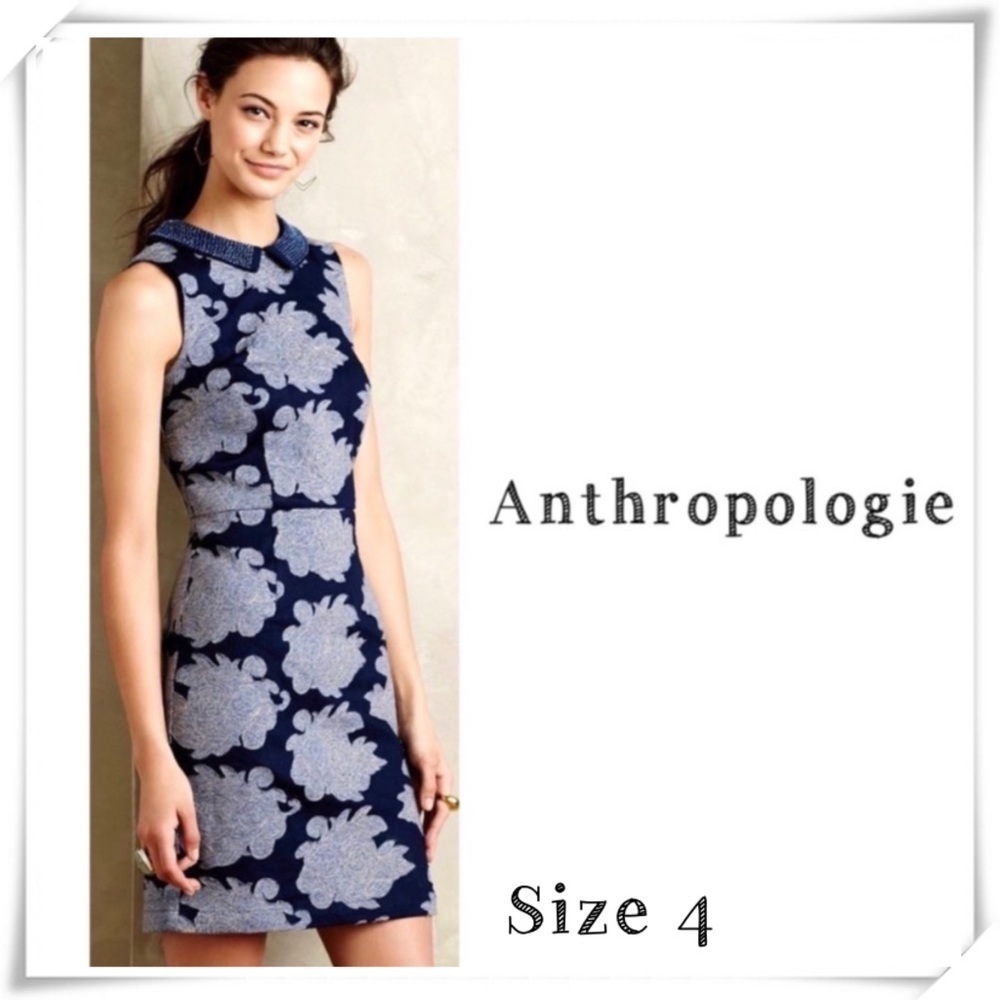 Anthropologie by Let me be Floral Patchwork Rain Garden Shift Dress Indigo Blue